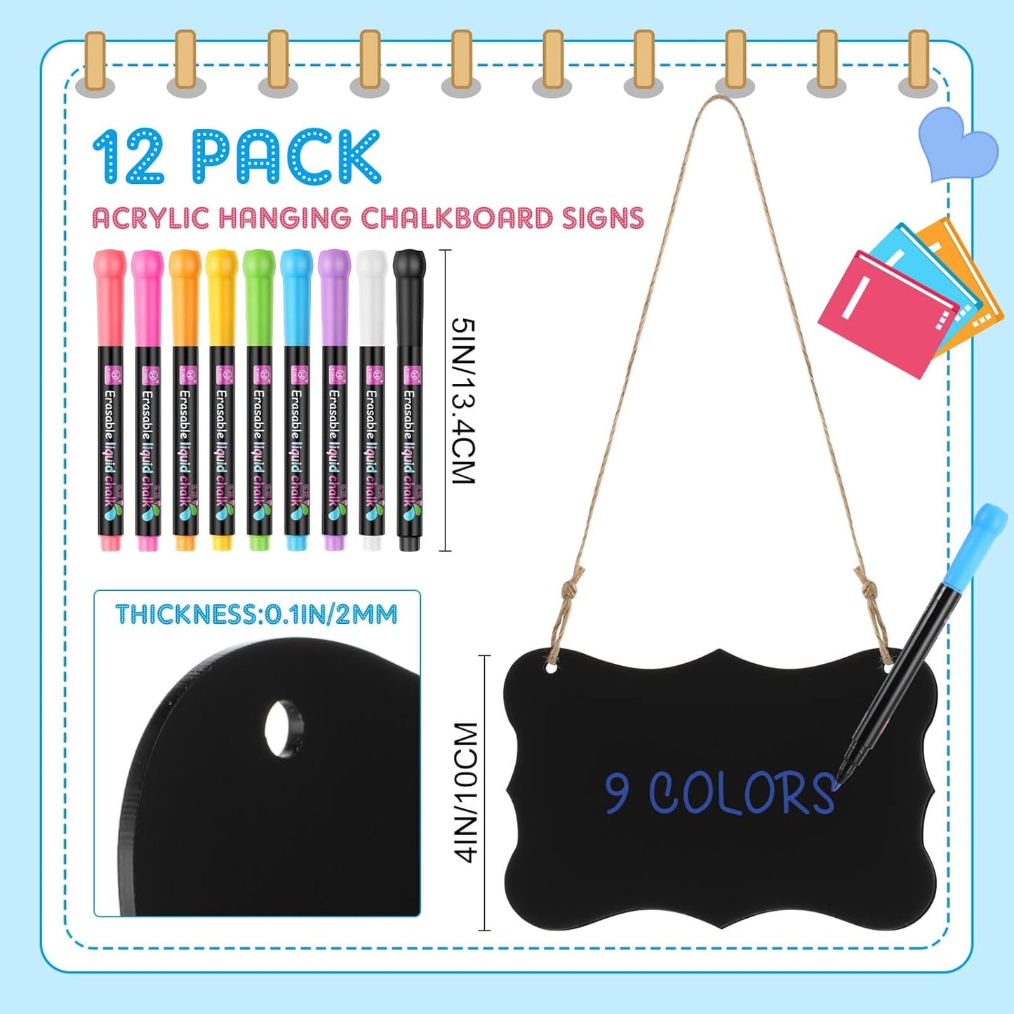 12 Pcs 4 x 6 Acrylic Chalkboard Hanging Sign with Chalk Markers Chalk Board Signs with Hanging String for Wedding Kitchen Home Party Decoration (Arrow)