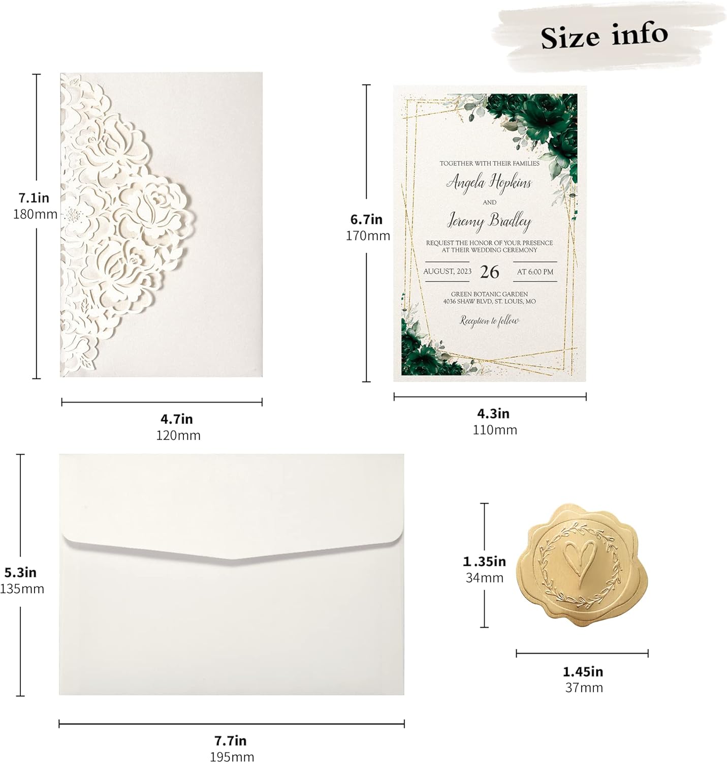 DORIS HOME 50pcs Laser Cut Wedding Invitations with Envelopes and RSVP Cards Green and Ivory White, 4.7x7.1 Personalized Invitation Cards for Wedding, Anniversary Invitations with Envelopes