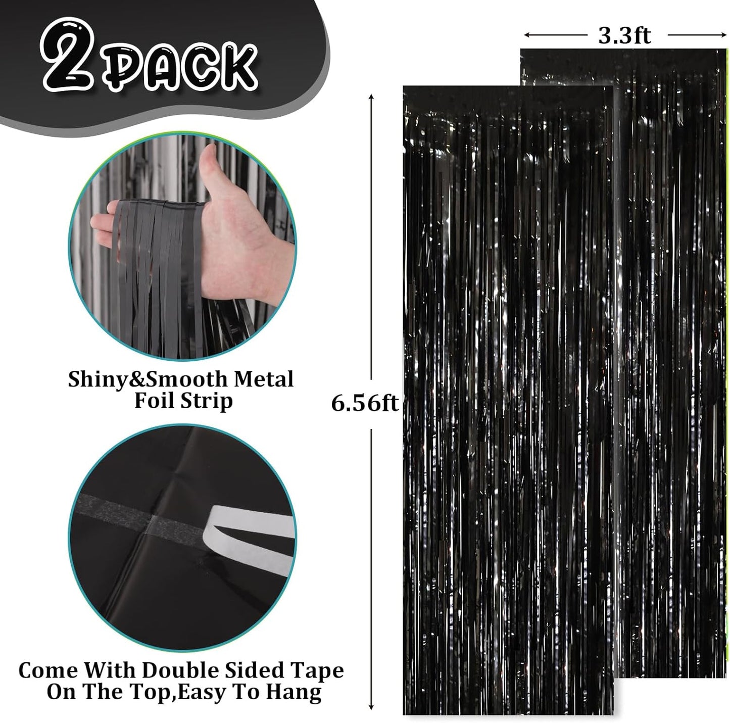 2 Pack Black Tinsel Foil Fringe Curtains, Black Party Decorations, Metallic Tinsel Party Streamers Backdrop for Birthday Halloween New Years Graduation Party Decorations
