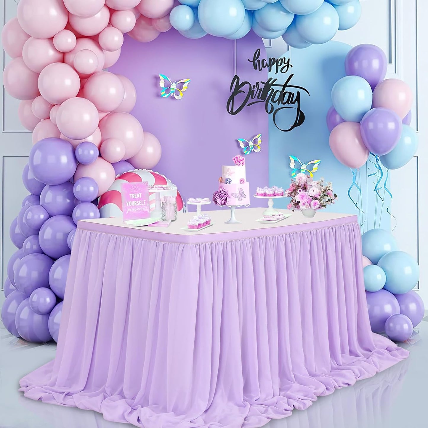 QueenDream Lavender Chiffon Table Skirt 6ft for Rectangle Tables Purple Mermaid Table Skirting for Wedding Birthday Butterfly Party Baby Shower