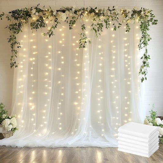 Tulle Backdrop Curtain with Lights String 30 X 10FT Ivory Sheer Tulle Backdrop Curtains for Wedding Birthday Party Reception Photo Booth Background Decorations (6 Panels 5x10FT)