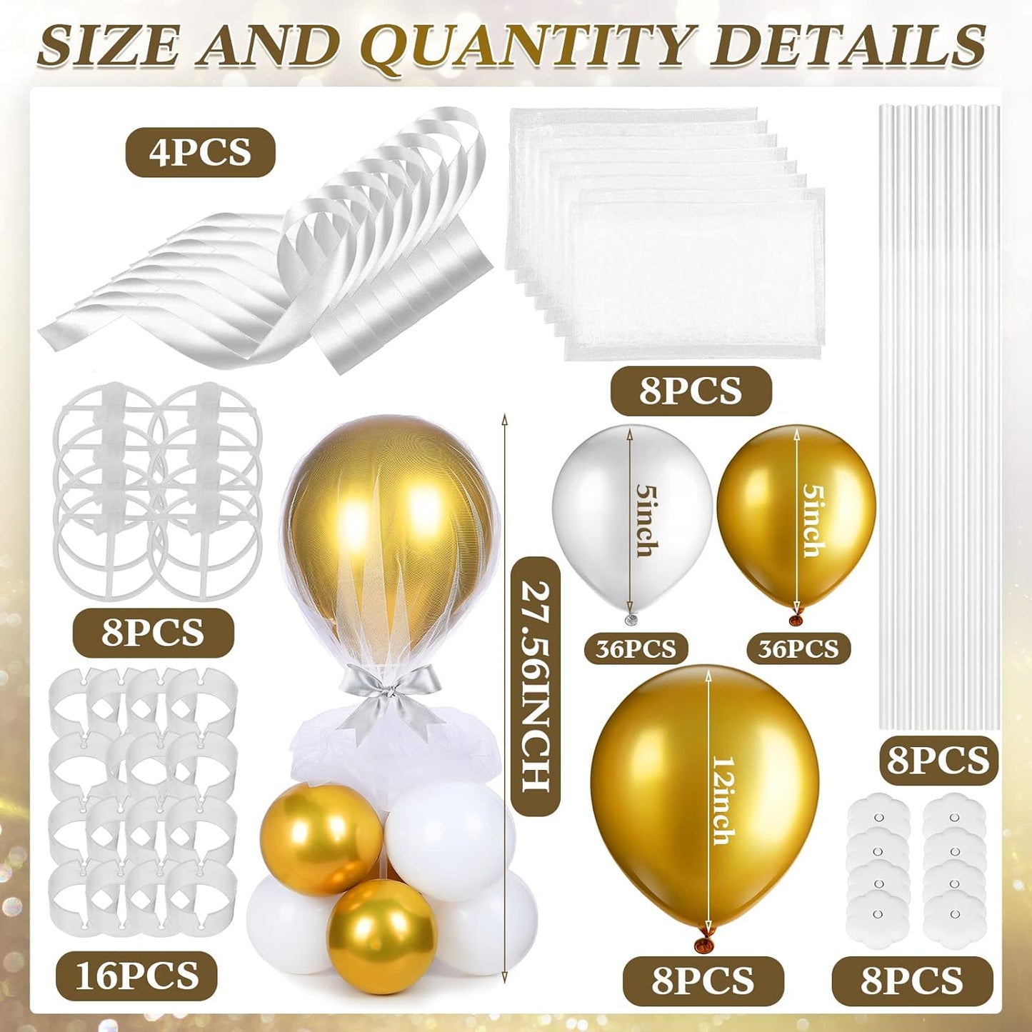 BBTO 8 Set Table Centerpieces Balloons Stand Kit, 80 Pcs Latex Balloons and Table Stand Holder with Base Tulle for Wedding Birthday Baby Shower Party(Gold and White)