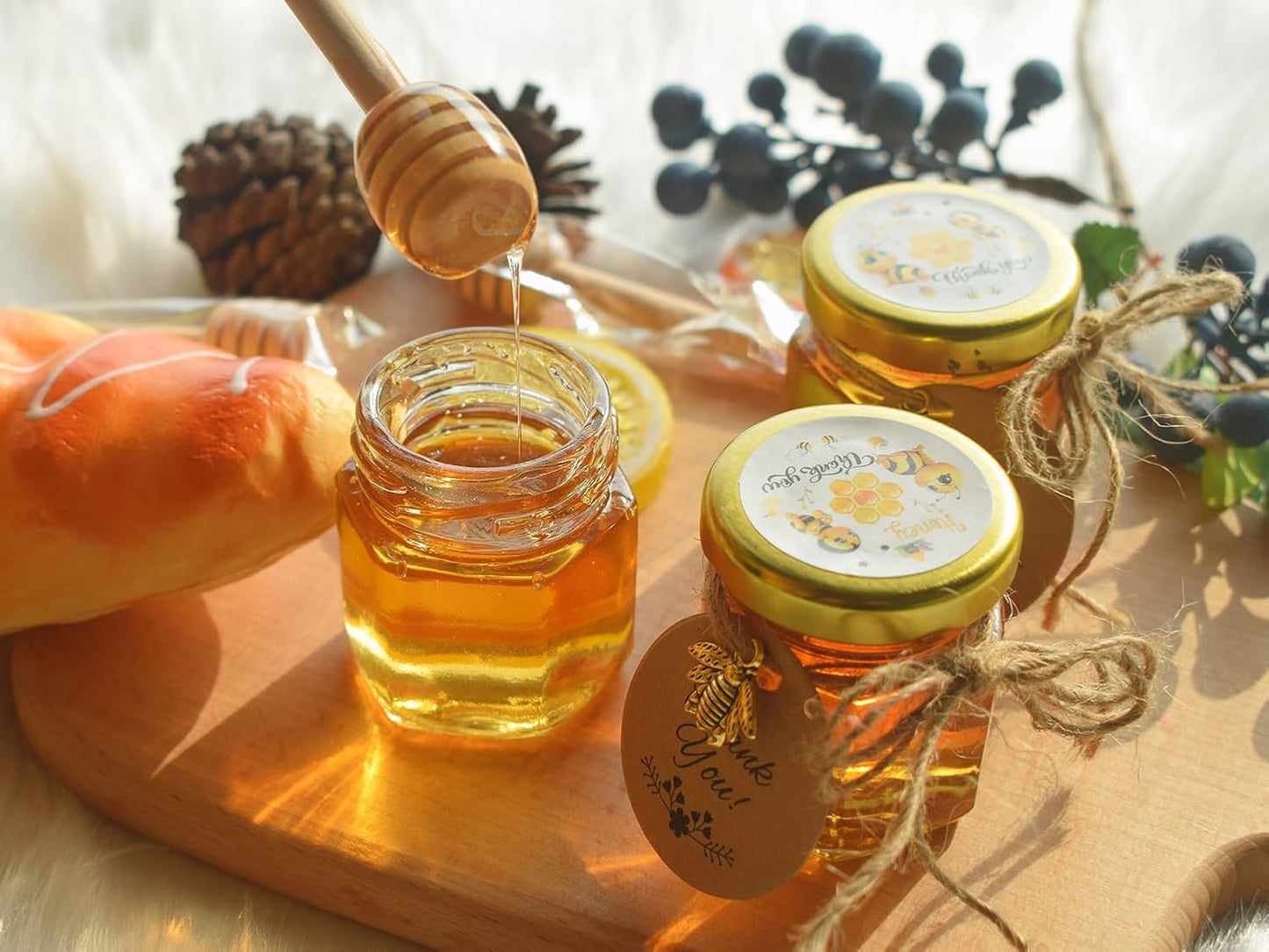 IIKUM 40 Pack Glass Honey Jars, 1.5 oz Hexagon Honey Pots with Lids, Dippers, Bee Pendants, Gift Bags, Thank You Cards, Jute and Stickers-Great Honey Jars Set for Baby Shower, Wedding and Party Favors