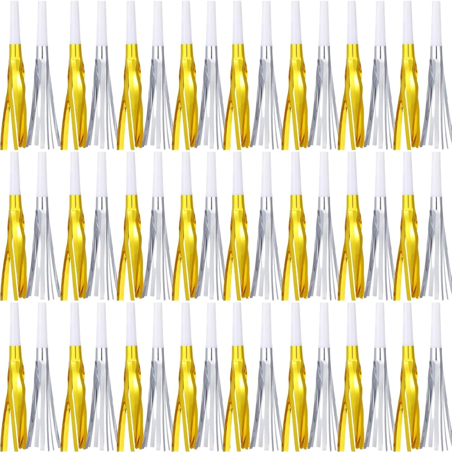 Metallic Fringed Noise Makers, 48 Pcs, Gold White, Silver White, for Noise Makers Party Favors, Baby Shower, Kids Birthday, New Year Party
