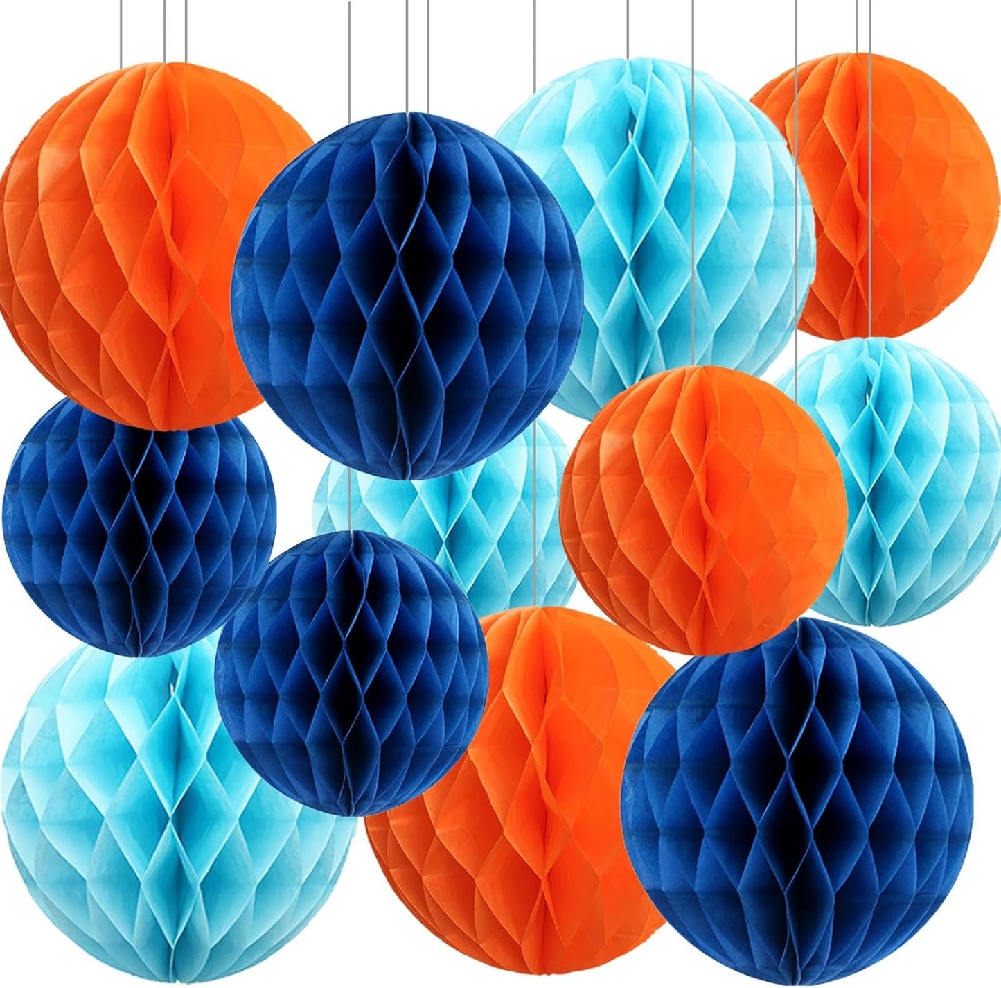 Orange Blue Paper Honeycomb Balls,12 Pack Hanging Tissue Pom Poms for Birthdays,Weddings,Home Party Decoration