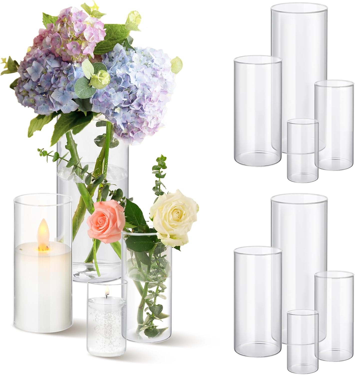 12pcs Clear Glass Cylinder Vases, 4, 6, 7.5, 10 Inch Tall Cylinder Vases for Centerpieces,Glass Flower Vase Hurricane Floating Candle Holder Vase for Table Shelf, Wedding, Party,Home & Office Decor