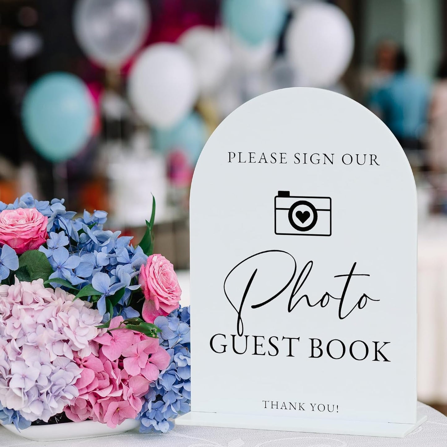 Acrylic Photo Guestbook with Stand- 5"x7" White Arched Wedding Sign and Base,1/8" Thick | Modern Calligraphy Black Lettering Arch Acrylic Sign for Wedding Reception & Party(5x7Inch, White)