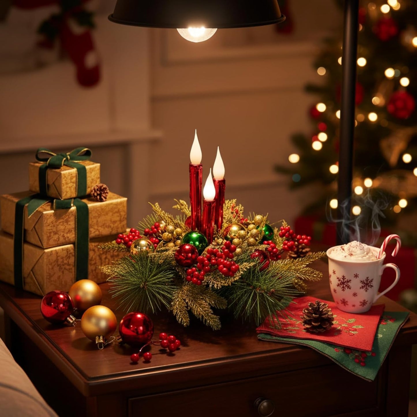 Christmas Floral Arrangement Centerpiece with 3 Flameless LED Candles, Battery Operated Lighted Holiday Table Decoration with Pine, Berries & Ornaments Holiday Winter Decorations