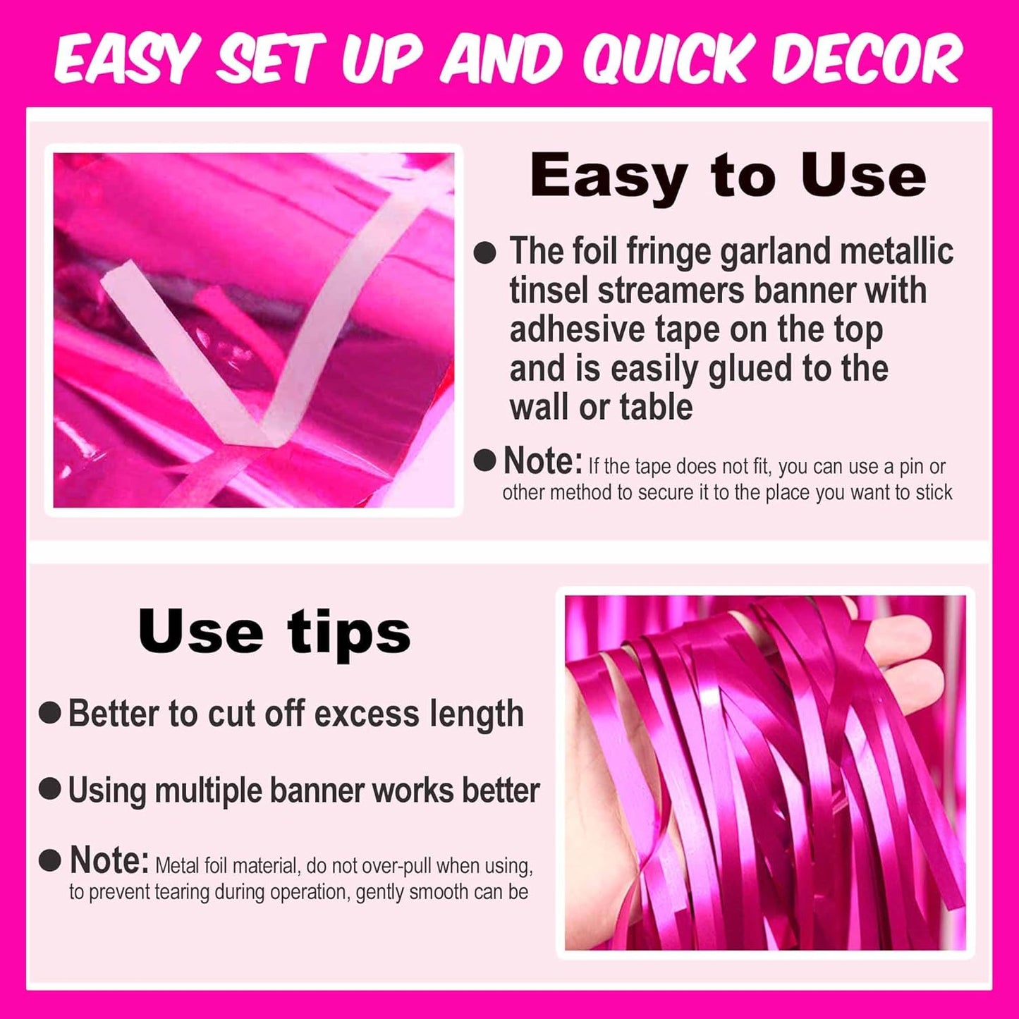 4 Pack 10 Ft Fuchsia Foil Fringe Garland Metallic Streamers Tinsel Banner Wall Hanging Garland Backdrop for Parade Floats, Halloween, Christmas, Thanksgiving, New Year Party Decorations