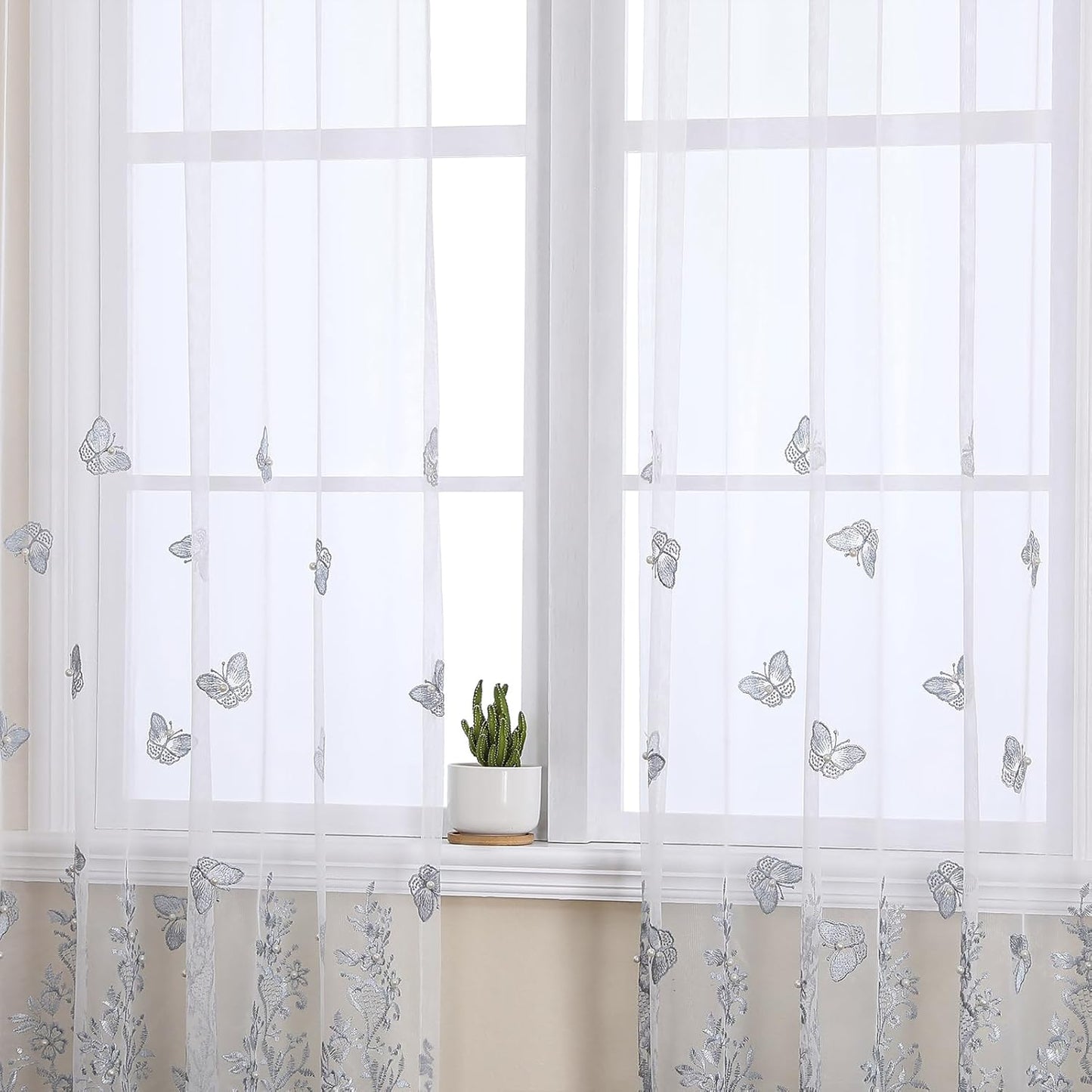 VISIONTEX White Sheer Voile Curtains, Decorative Blue Embossed Butterflies Rod Pocket Window Drapes for Home Kitchen, Living Room and Bedroom 54 x 84 Inch, Set of 2 Curtain Panels
