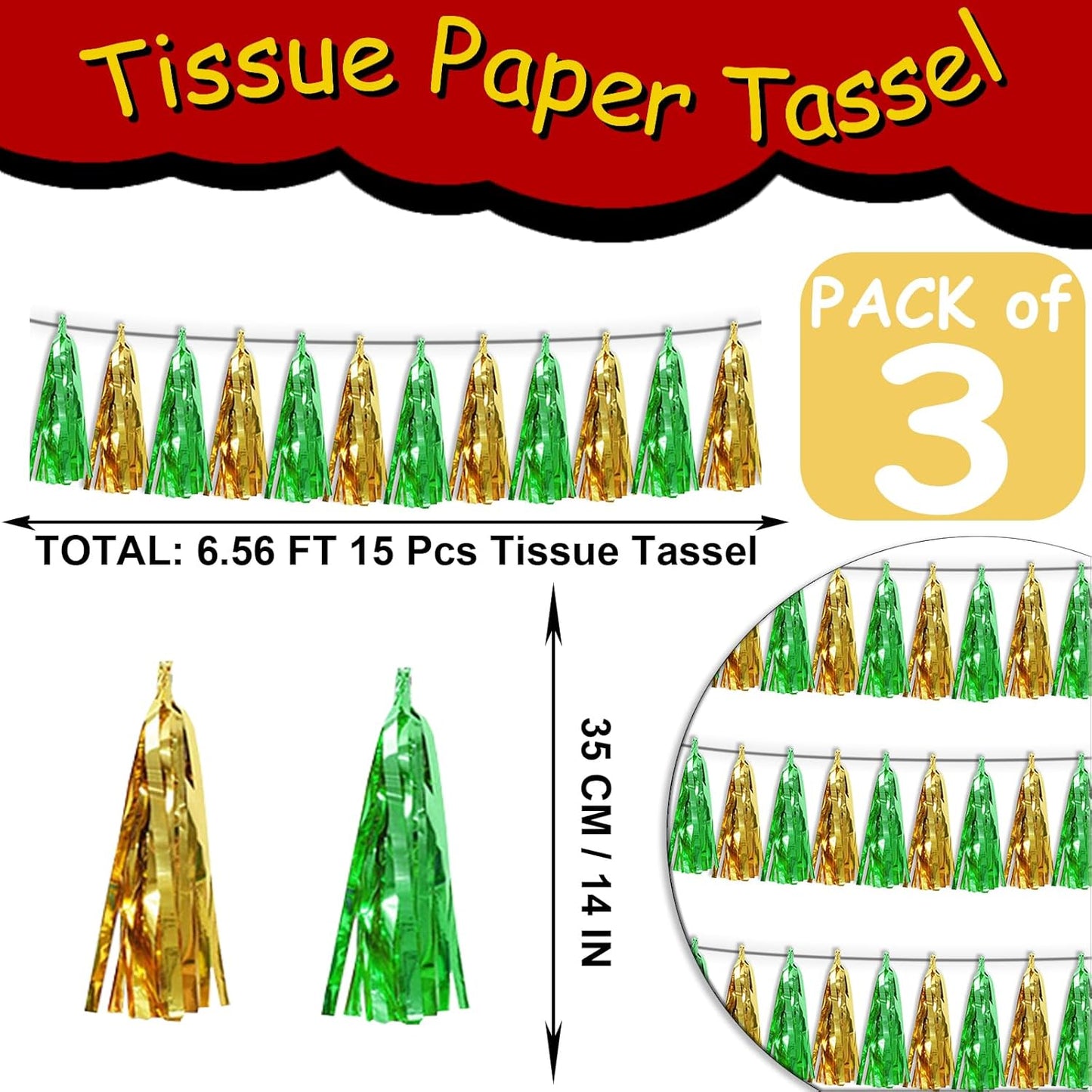 3P Sage-Green Gold Metallic Fringe Tassel Banner Garland Foil Tinsel Streamer Wall Hanging Curtain Backdrop Banners for Parade Floats, Graduation Decorations, Woodland Party Decoration