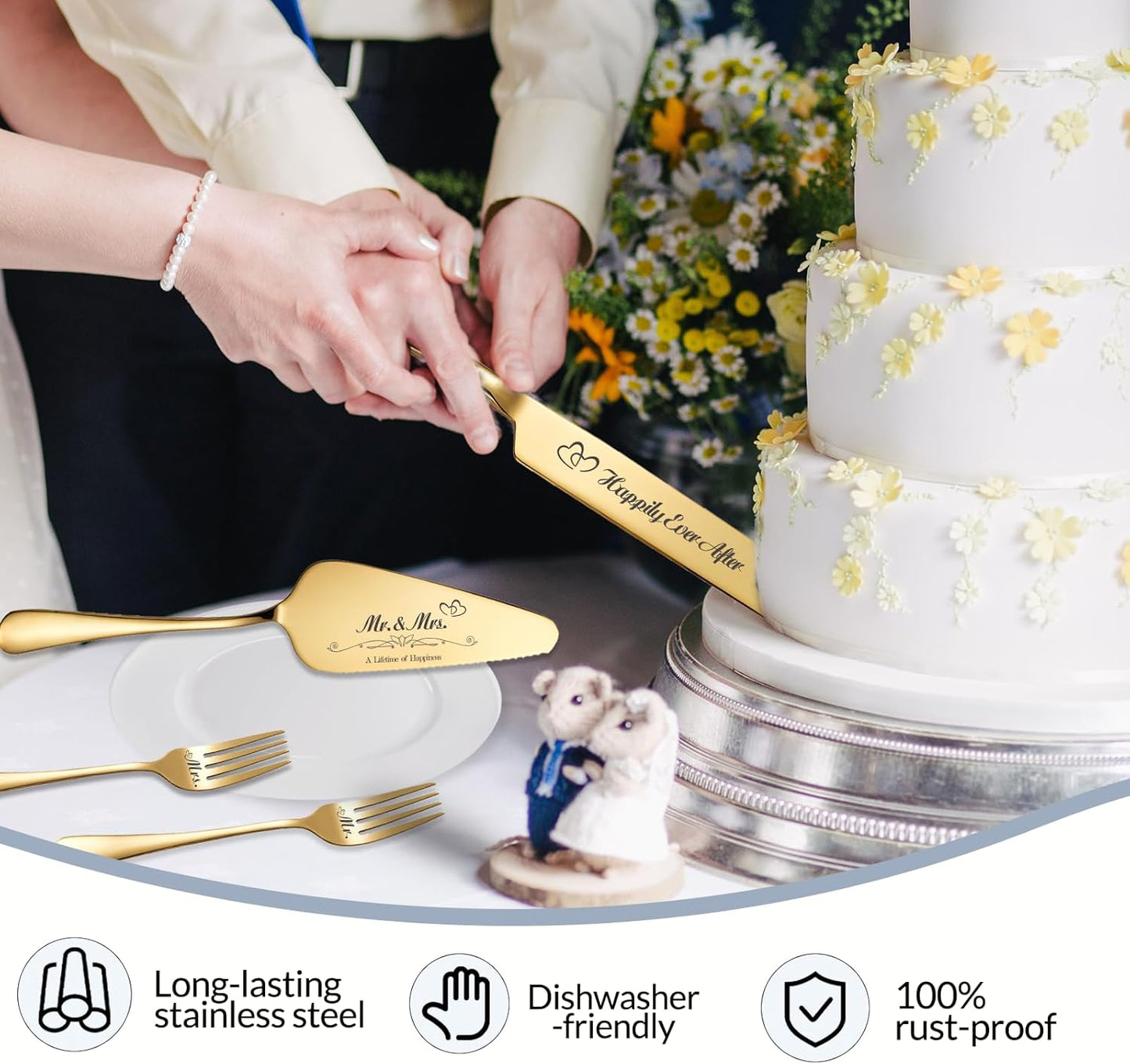 Personalized Wedding Cake Knife and Server Set, Wedding Gold Cake Cutting Set with Stainless Steel Forks, Customized Bridal Anniversary Birthday Wedding Registry Gifts for Couple (Non-customized)