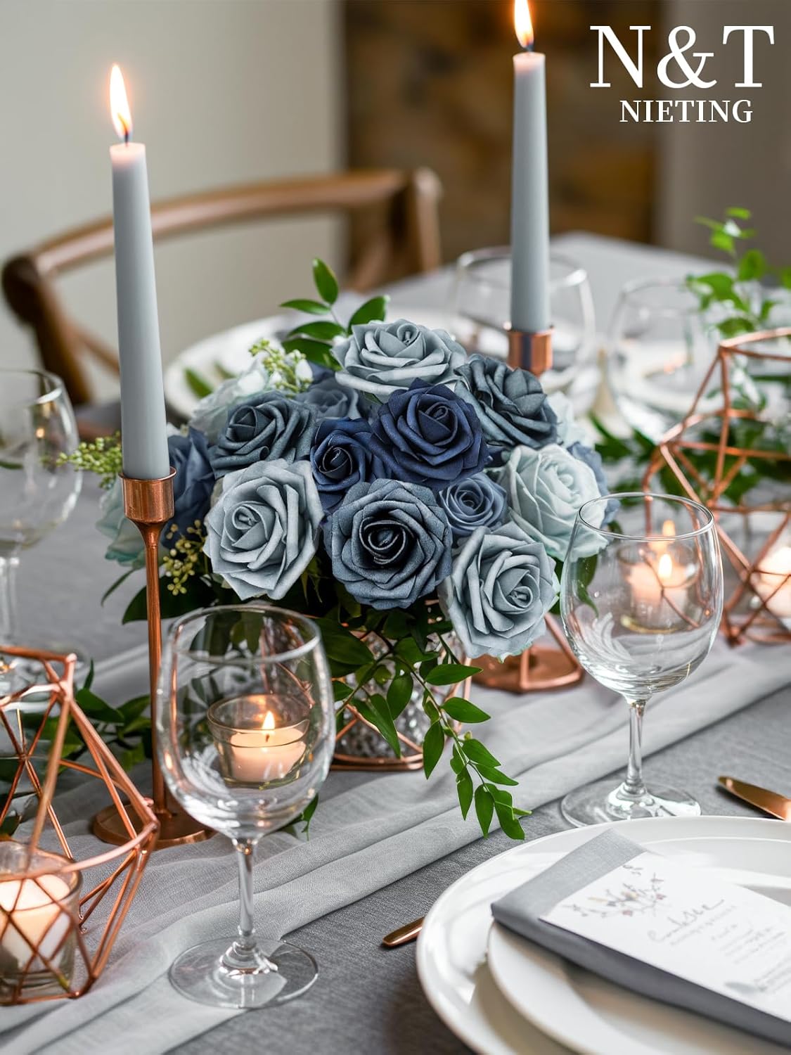 N&T NIETING Dusty Blue Fake Roses,50pcs Artificial Flowers Faux Flowers Fake Flowers for DIY Wedding Bouquets Centerpieces Floral Arrangements Home Decorations Shades of Navy Blue