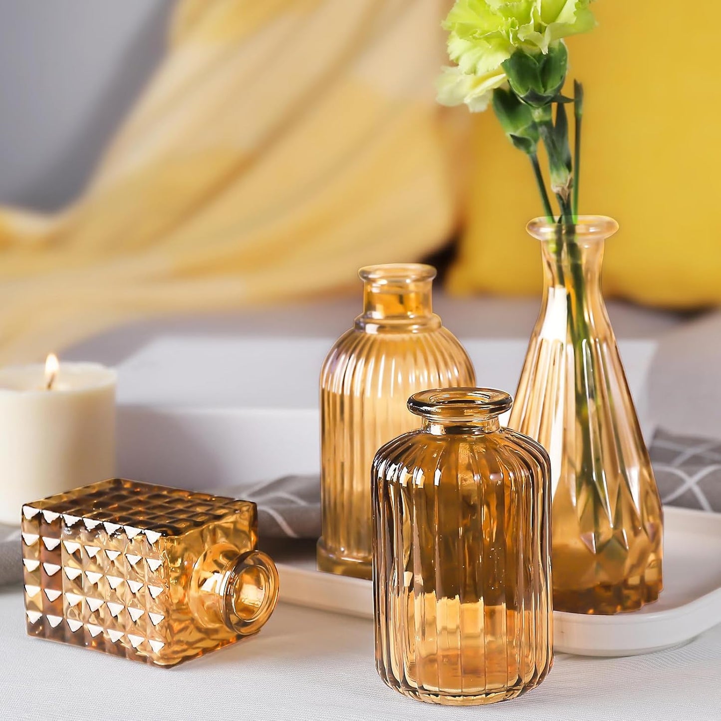 20 Pcs Amber Gold Glass Bud Vases- Set Amber Gold Small Vases for Flowers, Vintage Flower Cute Glass in Bulk for Centerpieces Rustic Decorative Wedding Table Home