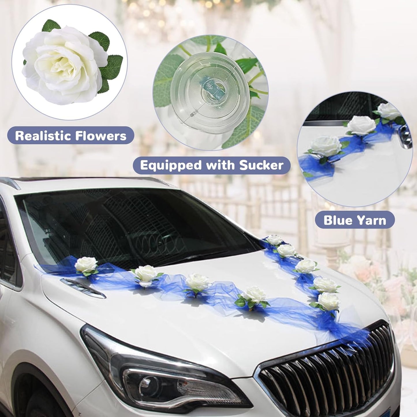 Wedding Car Flower Decoration, White Floral Flowers and Blue Ribbon Set, Just Married Automotive Ornament Accessores for Bridal Shower Party Decor