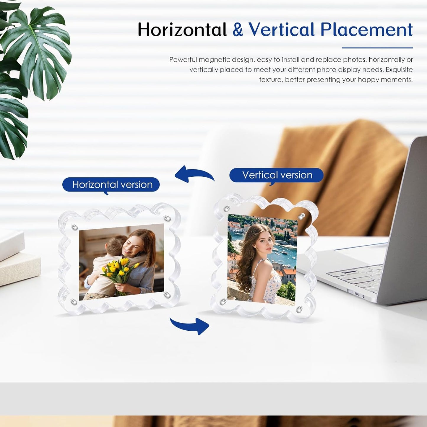 2Pack Magnetic Acrylic Picture Frames 2×3 Inch - Scalloped Glass Frame with 10+10mm Thick Block, Double Sided Clear Frames for Desktop Display | Trendy Home Gift (2 Pack, 2×3)