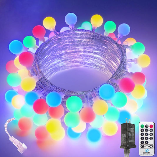 LORRYTE Connectable 100LED Christmas Lights Outdoor Indoor - 43FT Multicolor Globe String Lights with Remote, 8 Modes Plug in Fairy Light Waterproof for Christmas Decorations Bedroom Decor