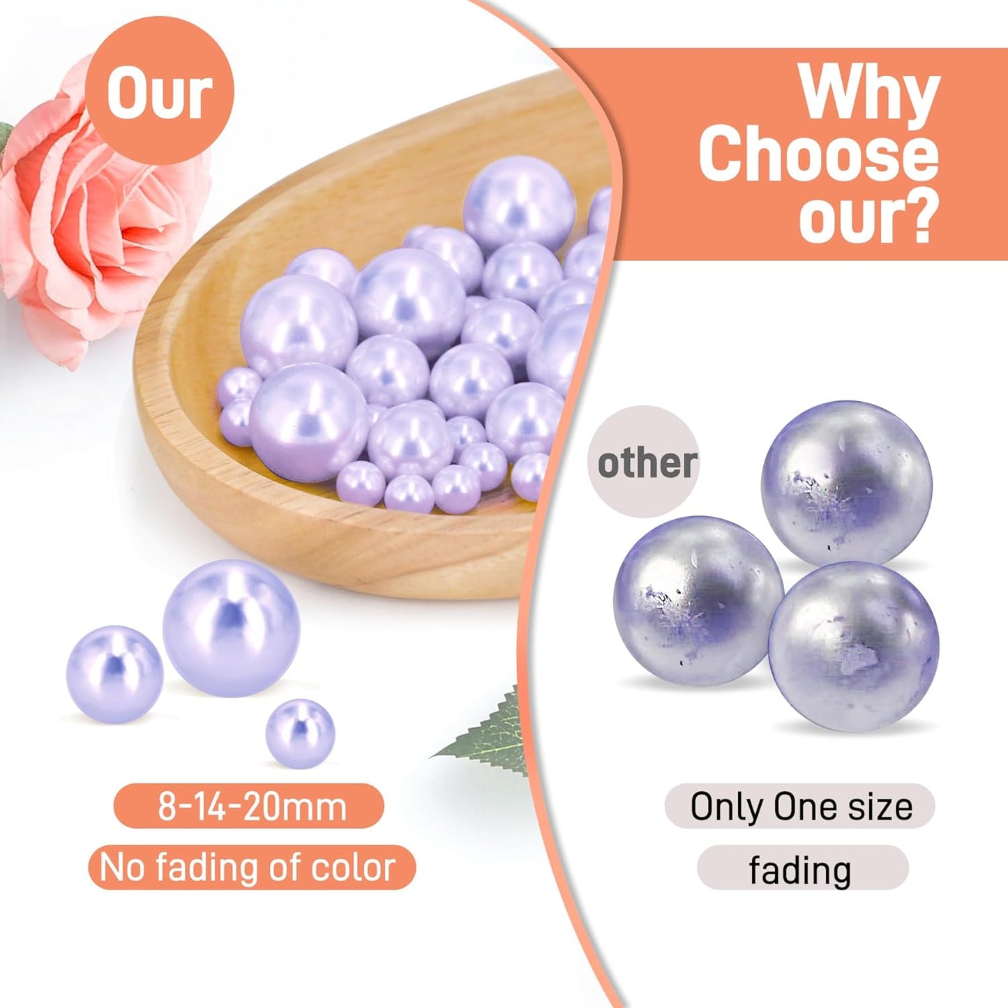 120 PCS 8/14/20mm No Hole Polish Pearl Beads for Centerpiece, Light Purple Beads Decorative Vase Fillers, Plastics Pearls for Vases, Table Scatters, Wedding Party Decor