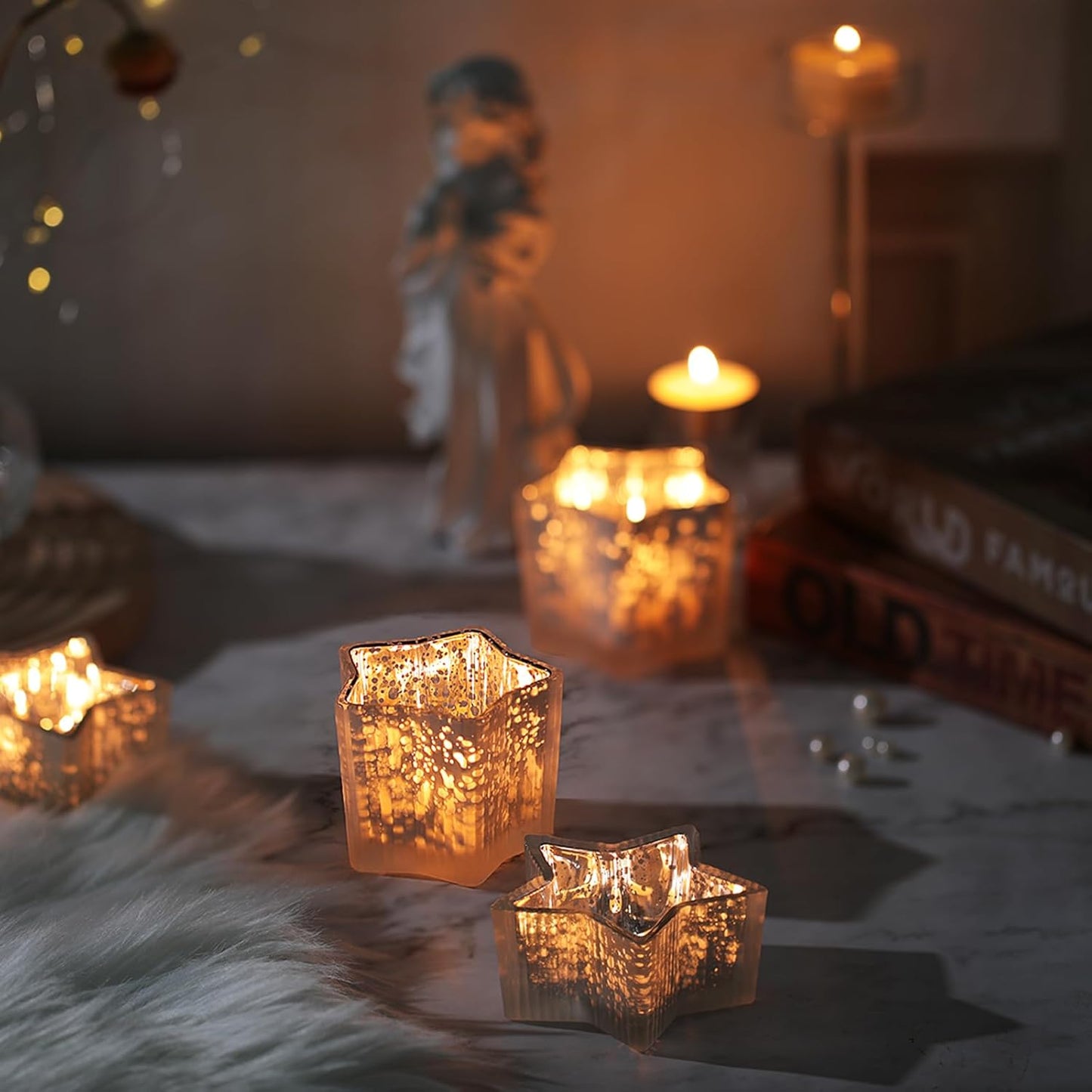 Letine 10pcs Frosted Silver Ribbed Star Candle Cups - Assorted Height Tea Light Candle Holders, Mercury Glass Votives for Wedding, Fall Table Centerpiece& Holiday Decorations (Tall 2.44", Short 1.57")