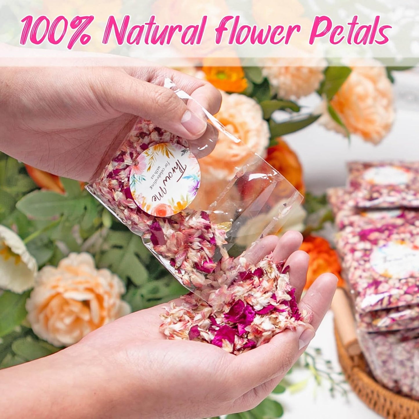 50 Pack Real Dried Rose Flower Petals Biodegradable Confetti, Dried Mix Red Rose Begonia Pink Flower for Wedding Send-Off Ideas Flower-girl basket, Wedding Decor Confetti, Exit Ideas