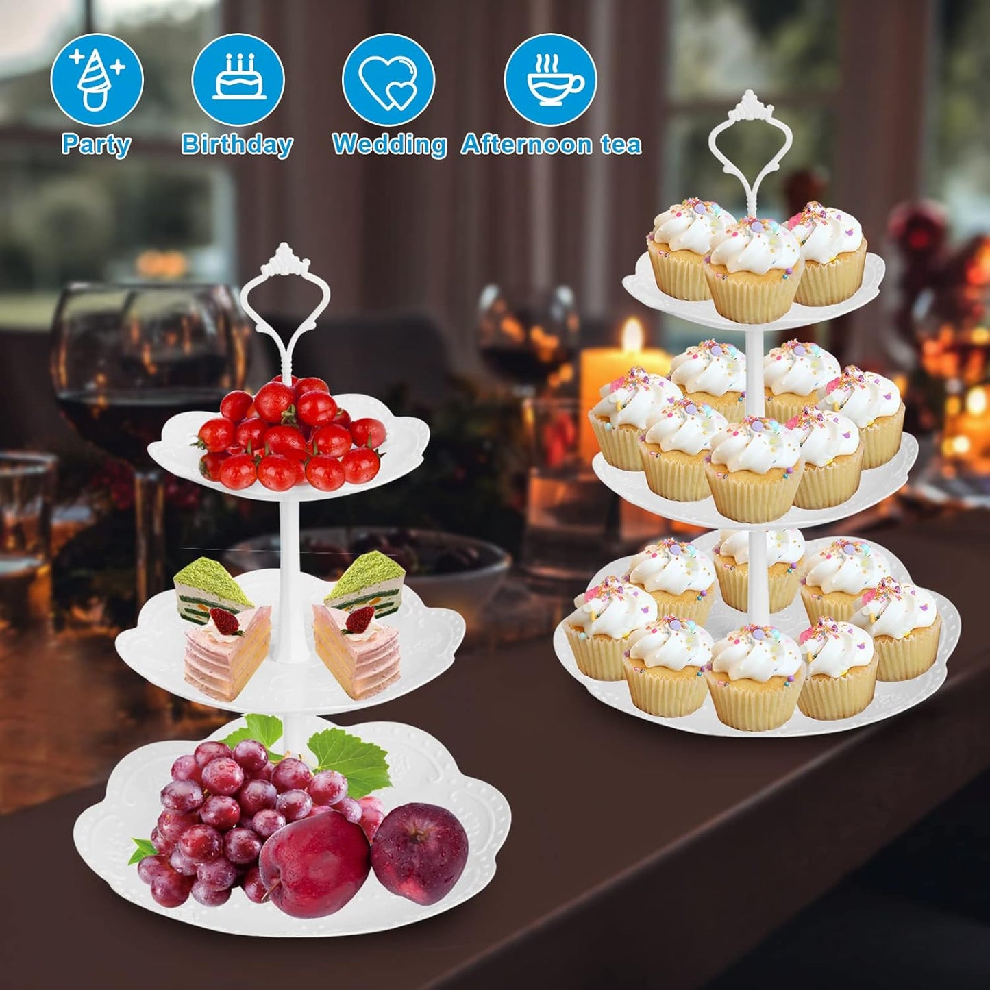 Coitak 3 Tier Cupcake Stand, Plastic Tiered Serving Stand, Dessert Tower Tray for Tea Party, Baby Shower and Wedding (Pure White) (Plastic)