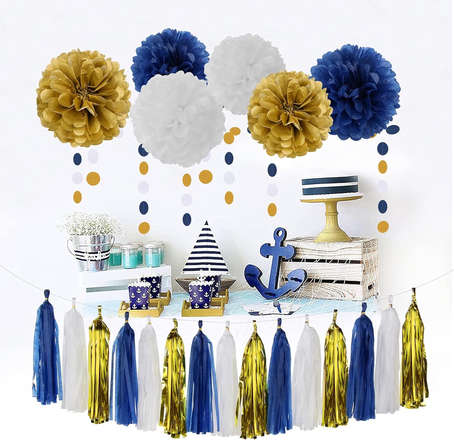 Navy Blue White Gold Party Decoration 23pcs Kits-Paper Flowers,Banner Flags,Circle Banner,Tassel Garland Birthday Bachelorette Boy Baby Shower Gender Reveal Graduation Decorations Lasting Surprise