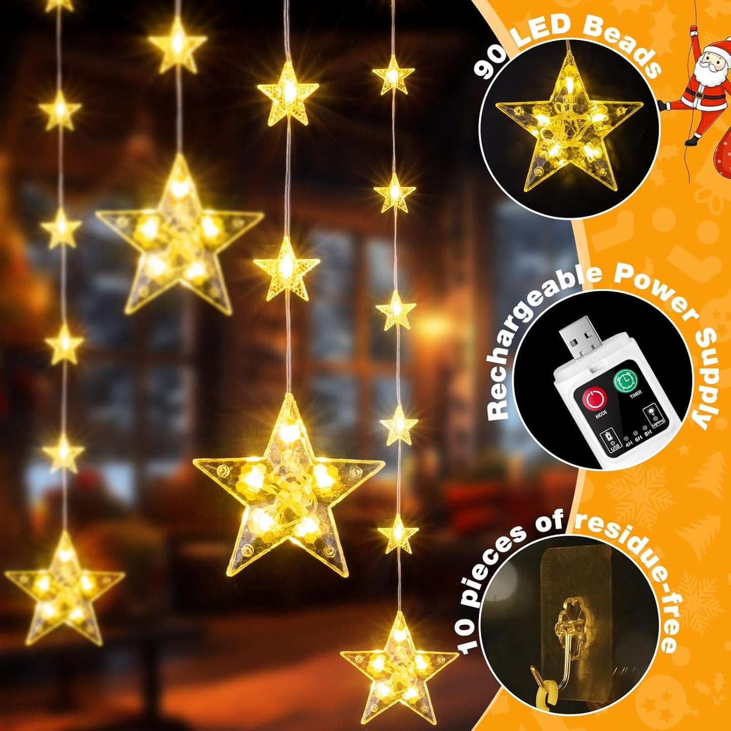 Rechargeable Stars Christmas Window Lights, IP65 Waterproof 90 LEDs 54 Stars Hanging Curtain Lights with 3 Timer Modes, Warm White Christmas Star Decoration for Indoor Outdoor Xmas Home Party Decor