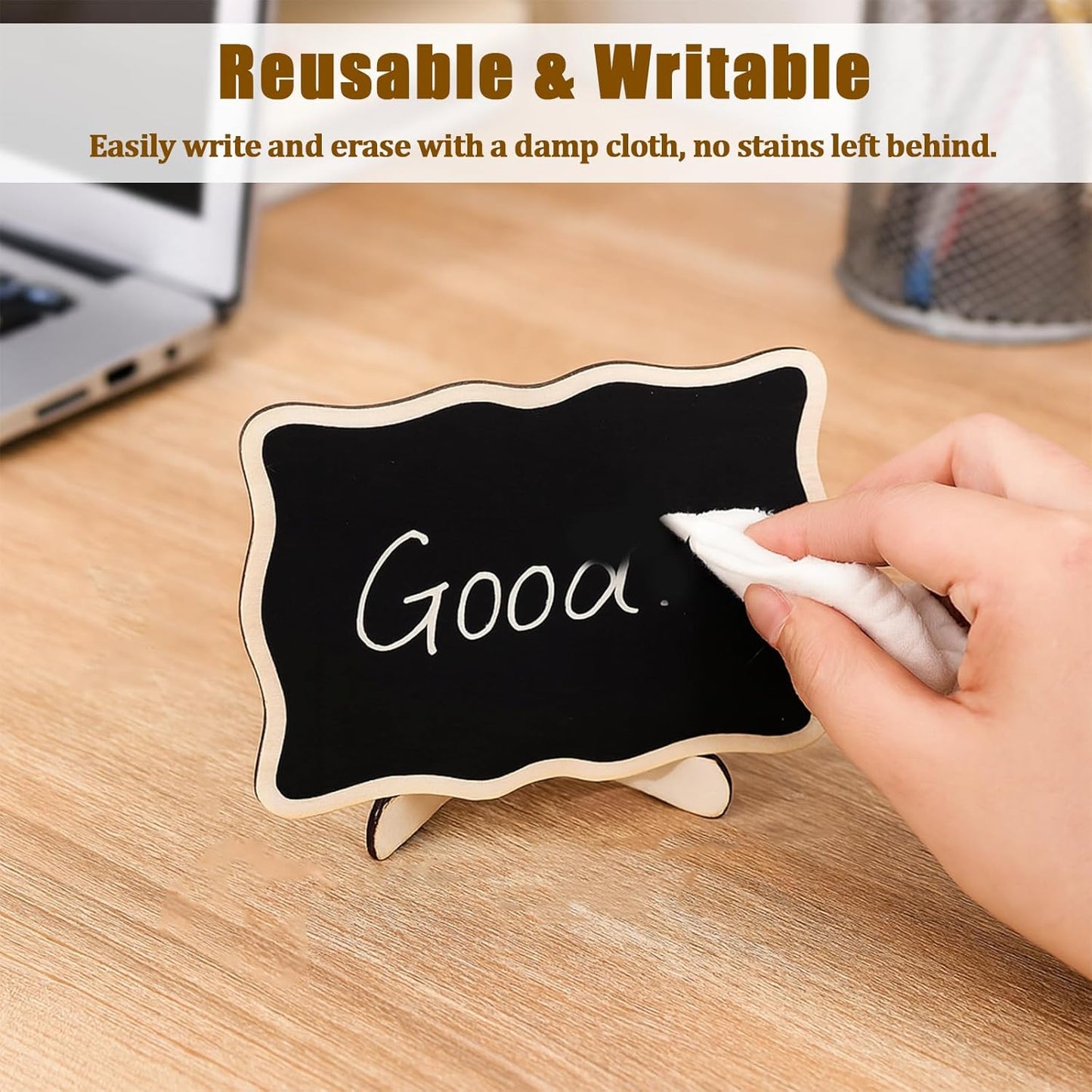 10PCS Mini Chalkboard Signs, Framed Small Chalk Board Food Labels with Easel Stand, Reusable Writable Blackboard with 2 Chalks, Wood Place Cards for Weddings, Birthday Parties, Buffet (Wave)