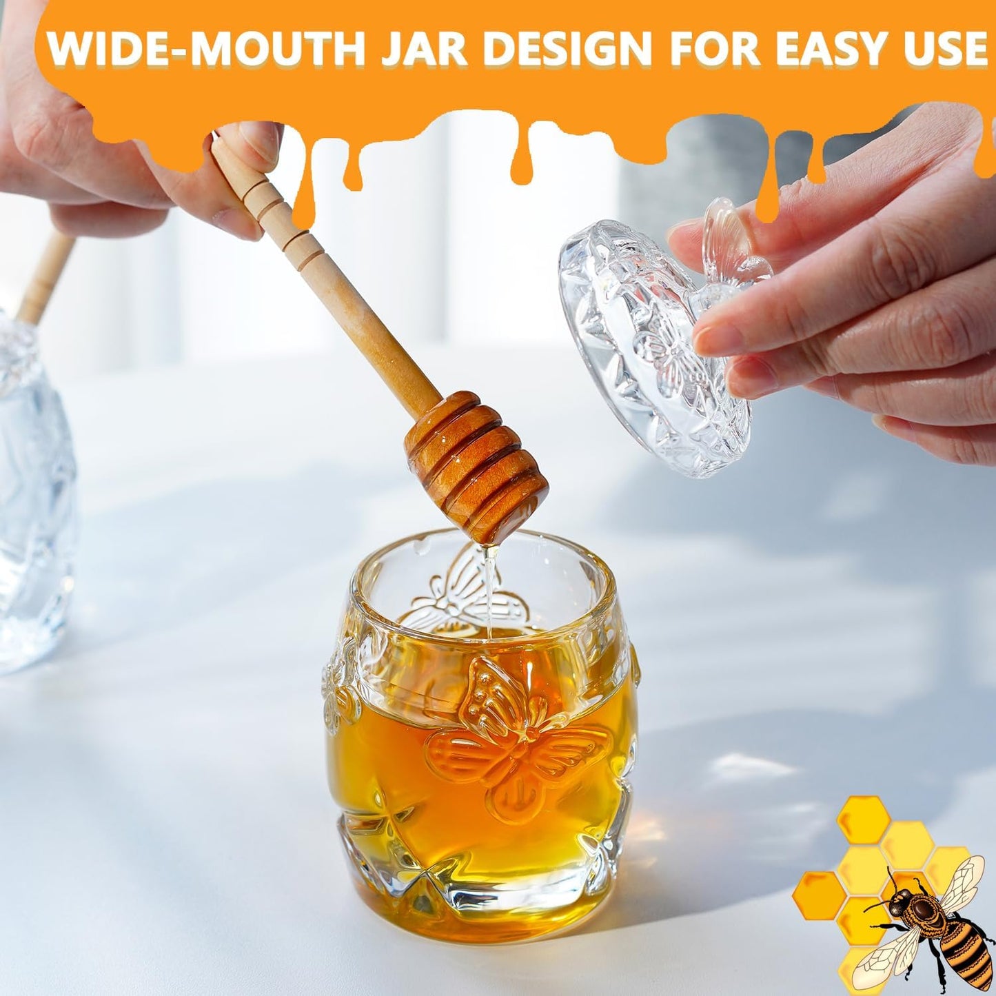 kanpura Clear Crystal Honey Jar with Dipper and Lid, Honey Bee Pot, 4.5oz Glass Honey Pot for Home Kitchen