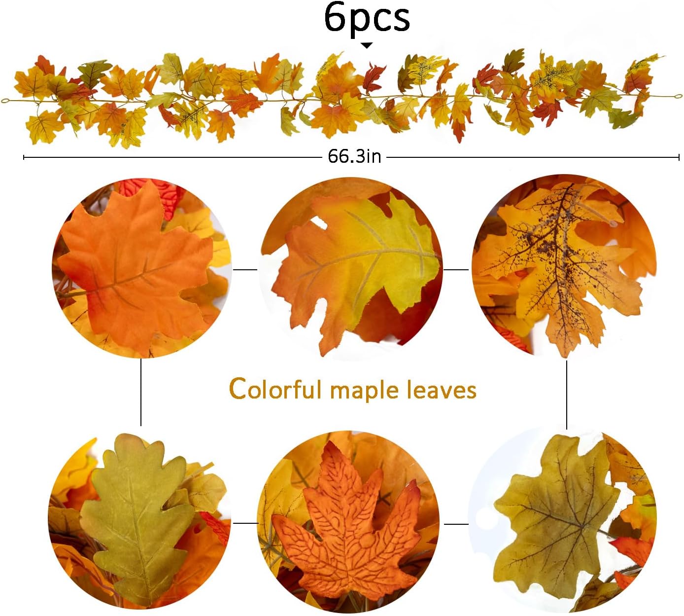 PARTY JOY 6PCS Orange Leaf Garland, 5.6Ft Halloween Garland Artificial Maple Leaf Autumn Hanging Fall Vines Thanksgiving Decorations Fall Decor