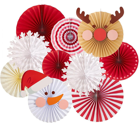 Christmas Hanging Paper Fans Decoration Red White Xmas Snowman Party Ceiling Hangings Deco Elk Tissue Paper Fans Decoration Set for Backdrops Wall Winter Party Supplies - 10pcs