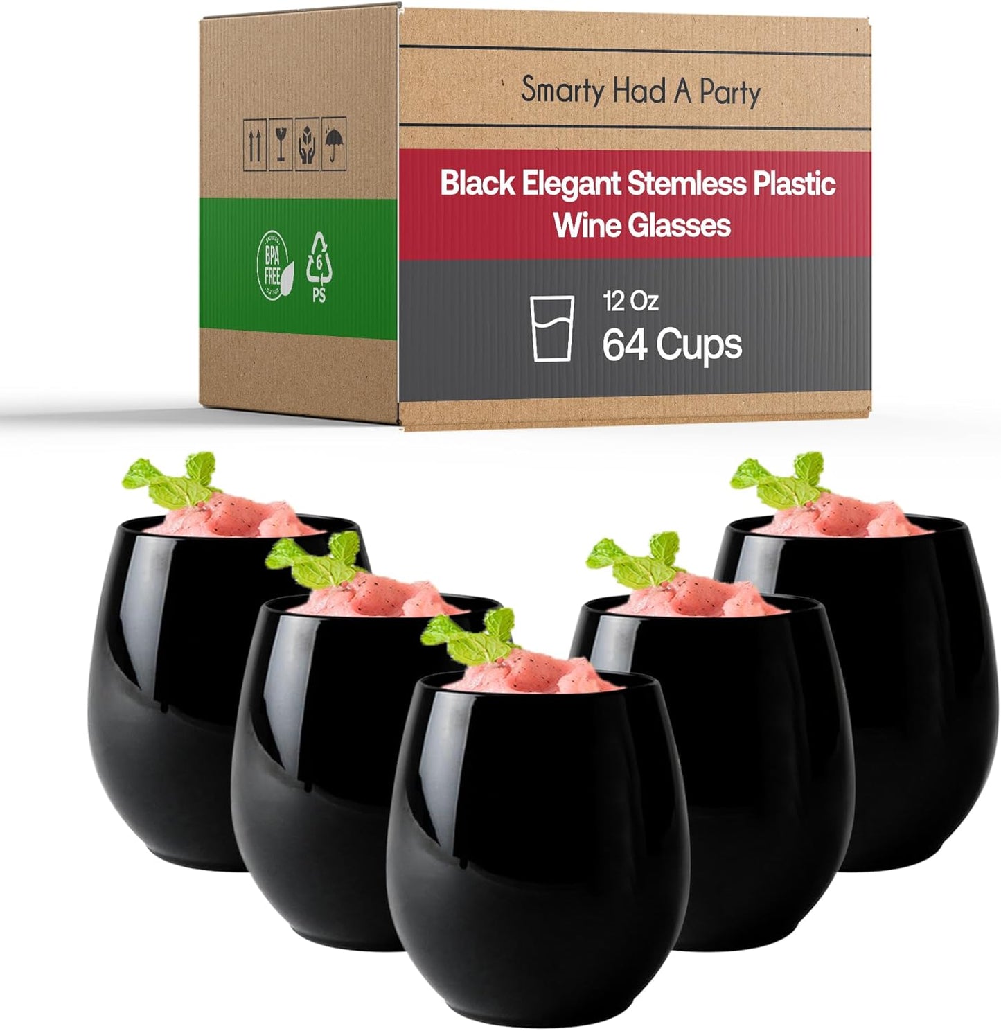 Smarty Had A Party 12 oz Black Disposable Stemless Wine Glasses (64) – Fancy Plastic Cups for Parties & Weddings – Outdoor Cocktail Glasses; Cocktail Glasses Disposable Classy; Unbreakable Glasses