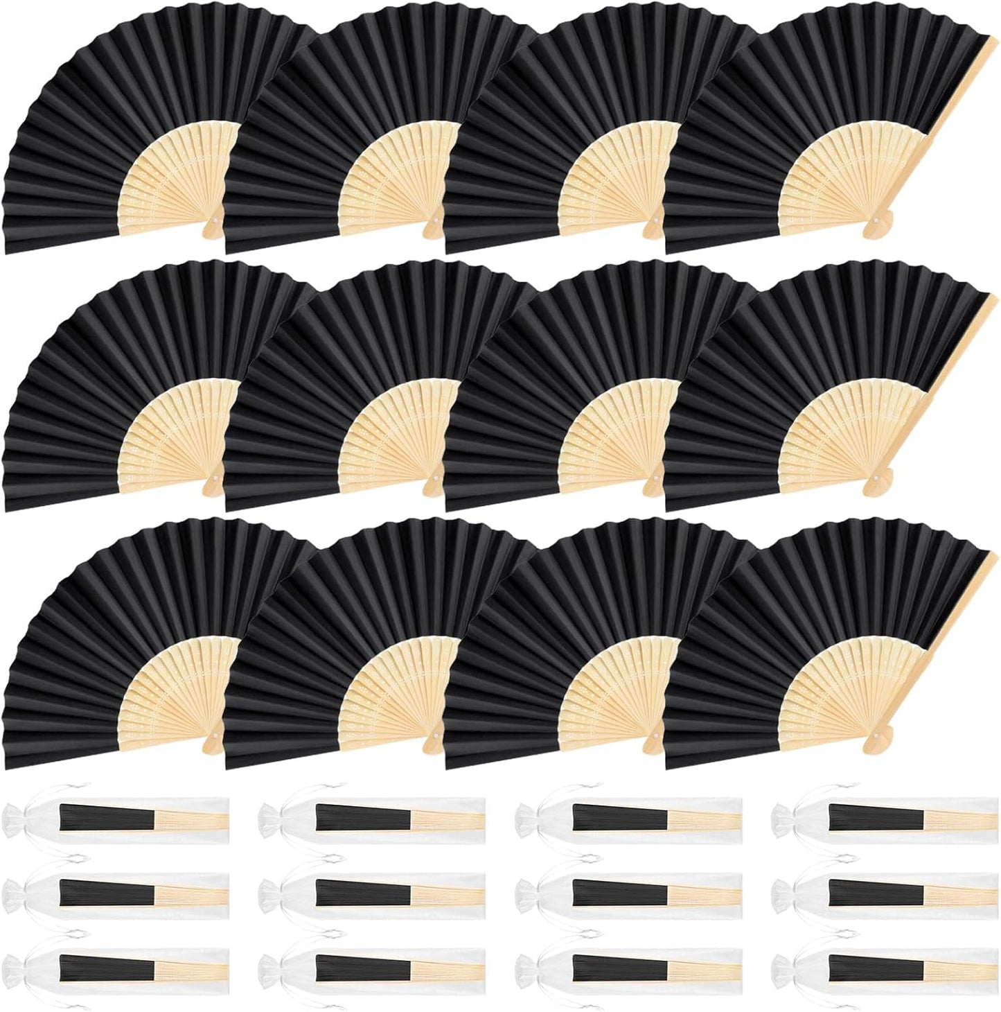12 Pieces Black Hand Held Bamboo Folding Fans Paper Fans Handheld for Women Foldable Girls Wedding Decoration Church Home Party Favors Summer