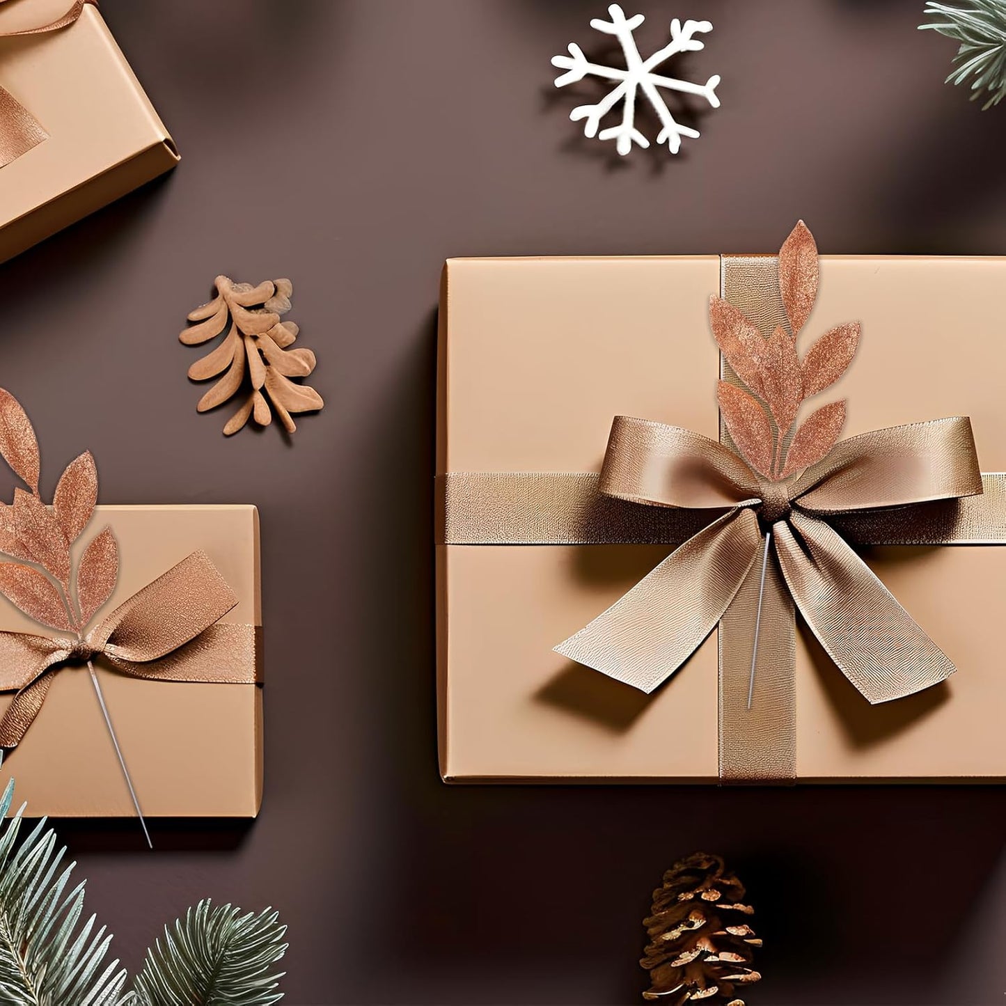 GREENTIME 12 Pack Artificial Brown Glitter Leaves 13" Fake Christmas Picks Decorative Glitter Sticks for Vase Christmas Tree DIY Wreath Crafts Fireplace Decor