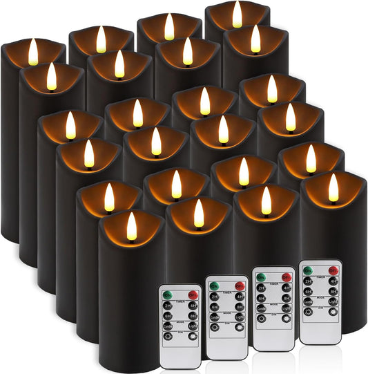 24-Pack Black Flameless LED Candles with Remote & Timer (3 Sizes) - Battery Operated Halloween Pillar Candles for Spooky Decor, Haunted House, Gothic Wedding, Holiday Centerpieces