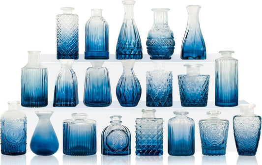 Blue Glass Bud Vase Set,20Pcs Small Glass Vase for Flowers, Blue Bud Set in Bulk,Mini Single Vintage Design for Centerpiece Rustic Wedding Decorations Home Table Flower Décor
