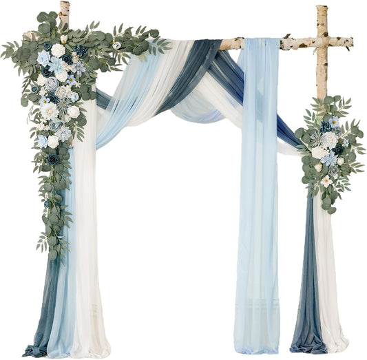 Deluxe Blue Artificial Wedding Arch Flowers with Drapes Kit-Pack of 5, 2pcs Flower Arrangements 3pcs Hanging Sheer Drapes Blue Ceremony Arbor Reception Backdrop Rose Floral Decorations.