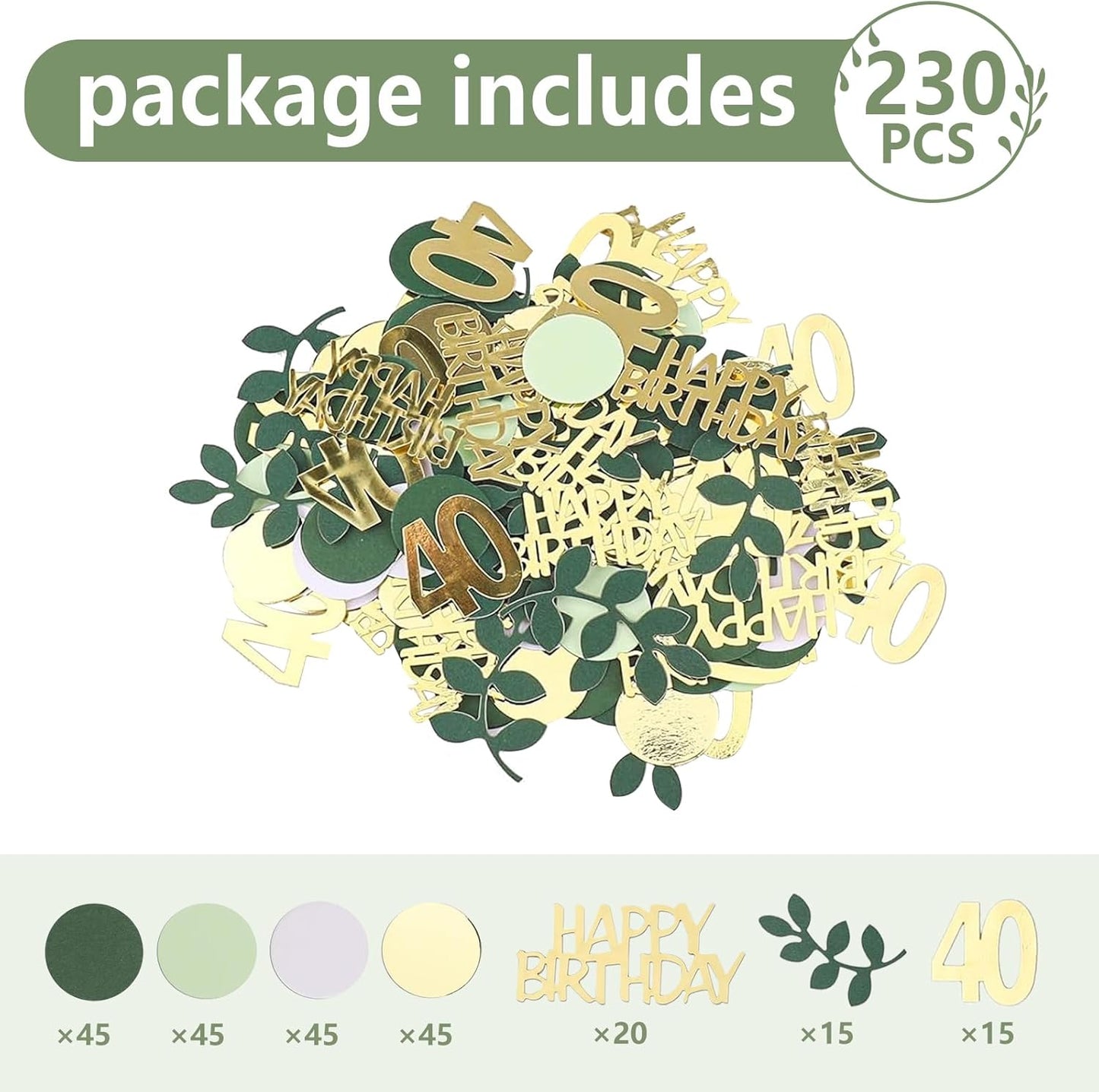 Sage Green 40th Happy Birthday Confetti, 40th Birthday Table Decorations Scatter Green Gold Foil Cake Confetti Decorations for 40 Bday Woman Man Party Decor 230 Pcs