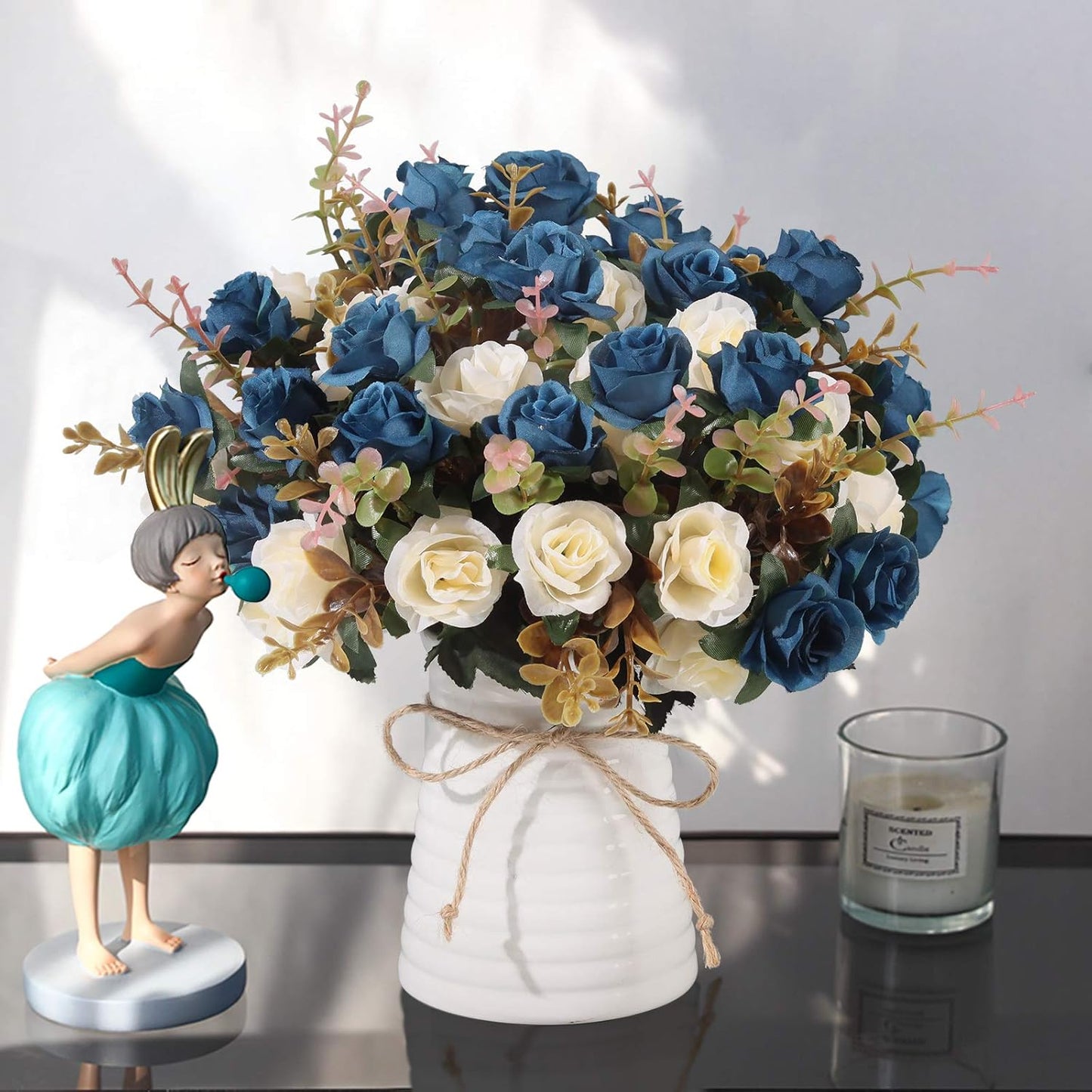 Lifelike Artificial Rose Bouquets and Ceramic vases, Fake Silk Roses, Suitable for Wedding, Dining Table, Office, Party and Home Decoration（Blue）