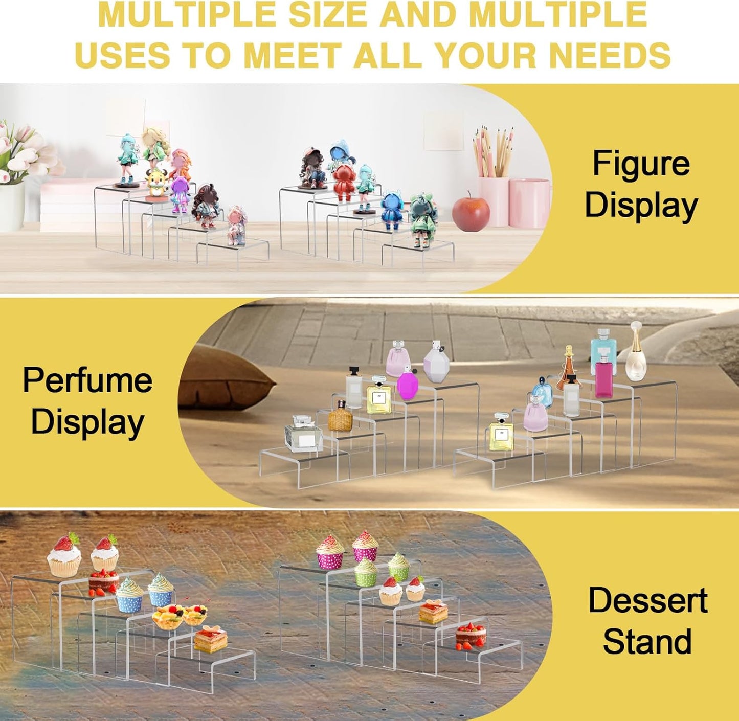 10 Pcs Acrylic Display Risers, 2 Sets Small Size Acrylic Risers Display Stands, 0.15" Thick Clear Shelf Riser, Risers Display Stands for Dessert, Candy, Figure, Perfume, Jewelry Showcase