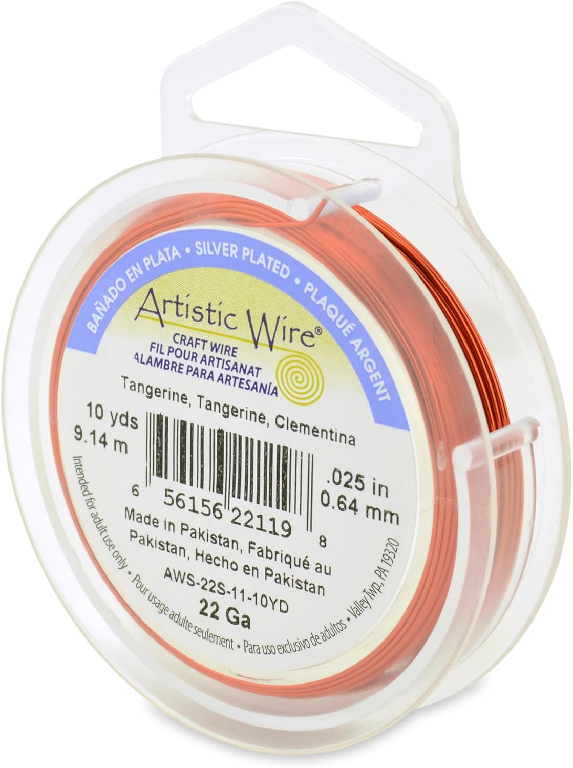 Artistic Wire, 22 Gauge Silver Plated Tarnish Resistant Colored Copper Craft Wire, Tangerine, 10 yd