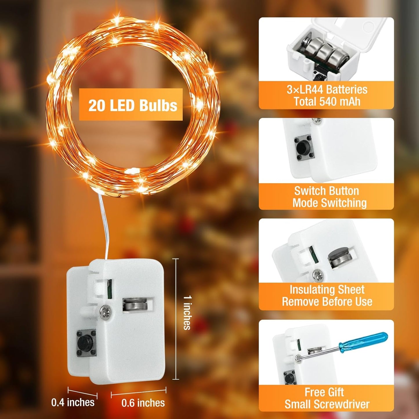 6 Pack Fairy Lights Battery Operated - 7ft 20 Led Twinkle Lights 3 Modes, Bulk Mini String Lights Waterproof for Mason Jars Vases DIY Party Wedding Decoration Christmas -Orange