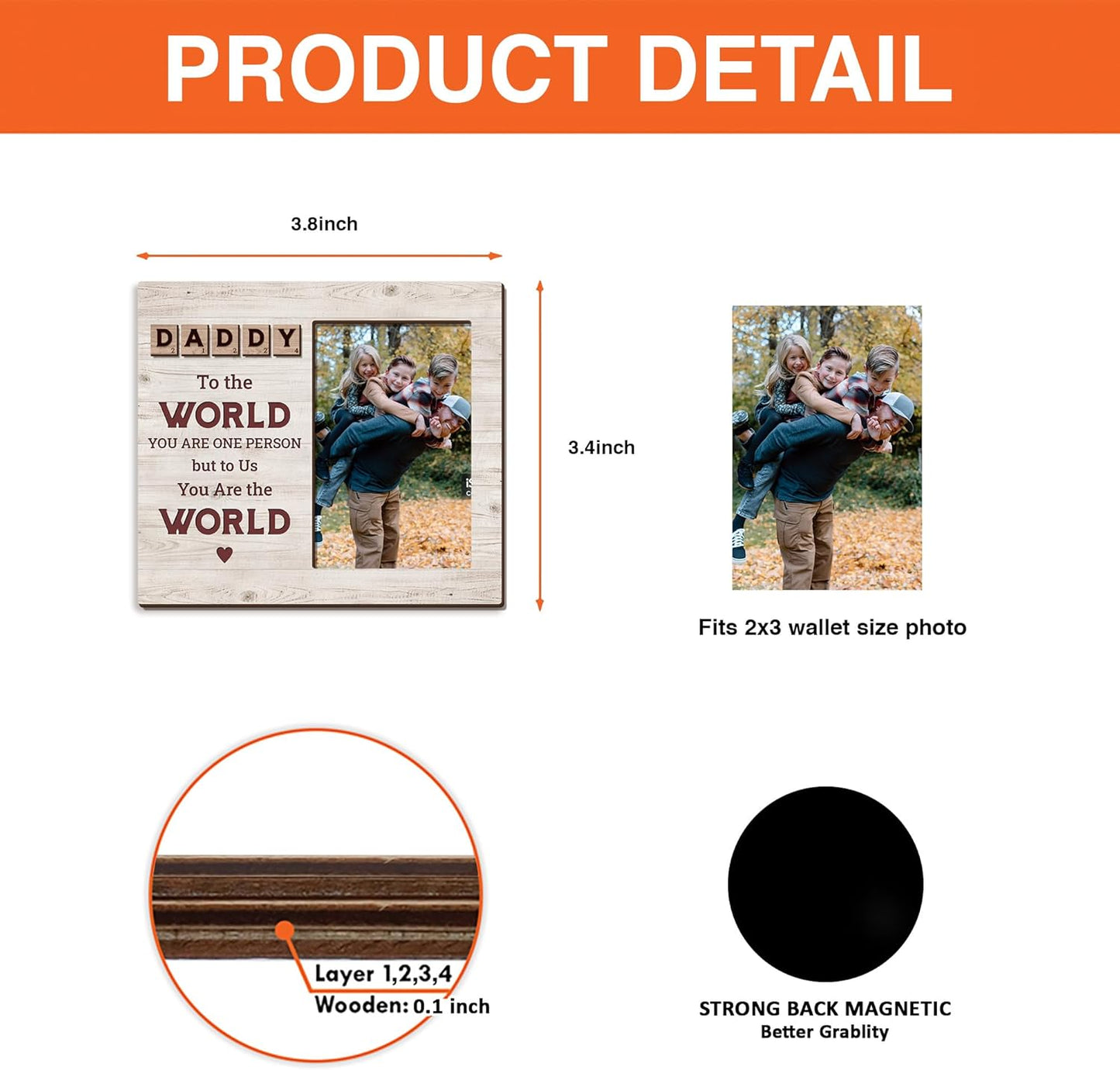 Magnetic Picture Frames - DADDY YOU ARE THE WORLD - Christmas Gift Birthday Gift for Dad - Unique Magnet Photo Frame For Men - Magnetic Frames for Refrigerator, Locker & More