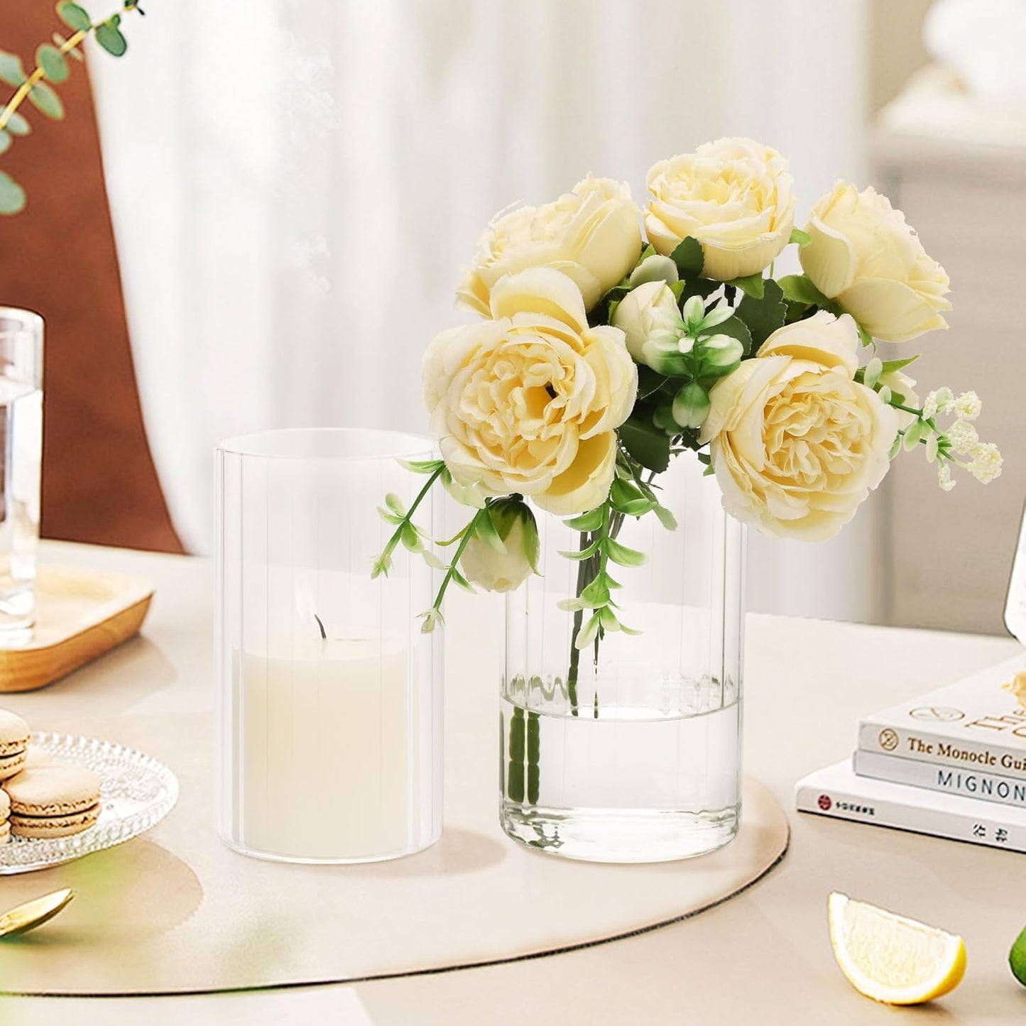 Glass Cylinder Vases Set of 6 Clear Ribbed Glass Vases for Flowers,6 inch Tall Modern Floating Candle Vase Decor, Decorative Hurricane Candle Holders for Home Wedding Table Centerpieces Decor