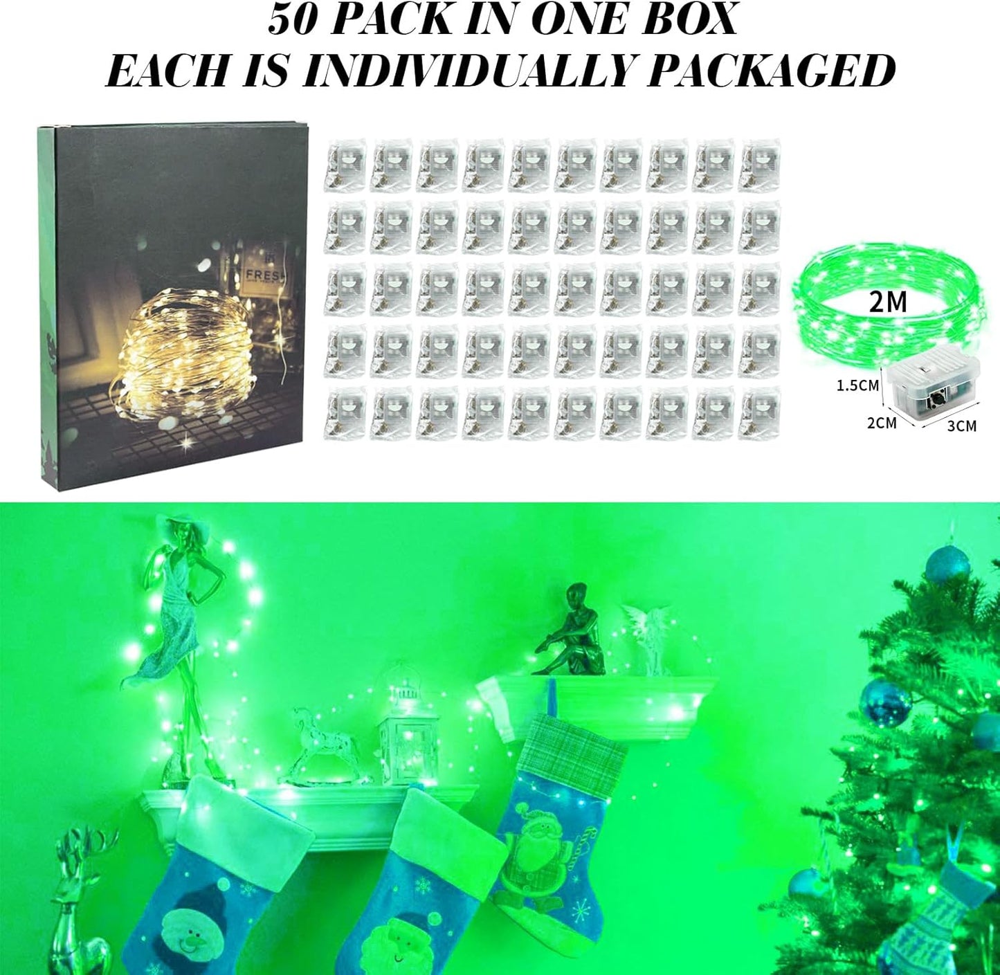ZGWJ 50 Pack Fairy Lights Battery Operated, 7ft 20 Mini LED Fairy String Lights Silver Wire 3 Modes for DIY, Parties, Wedding, Bedroom, Halloween Christmas Decoration Green