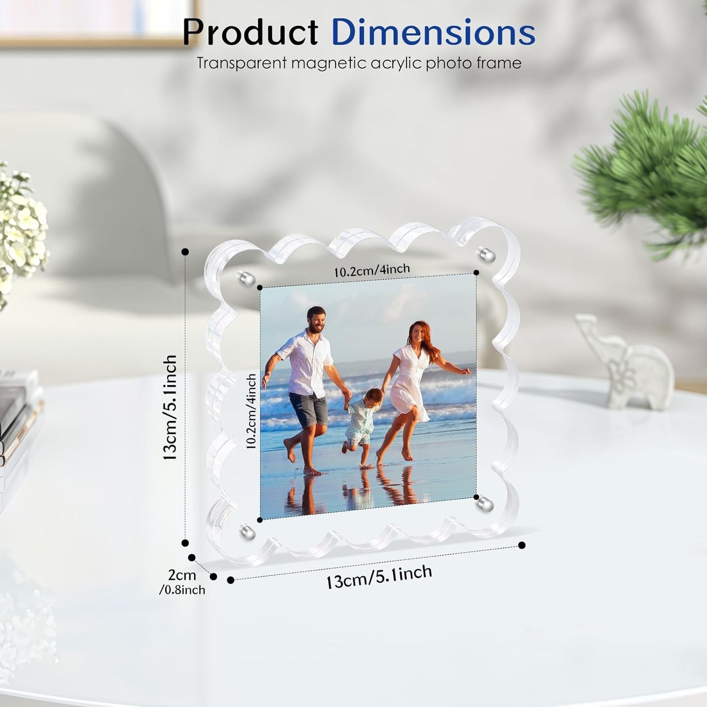 Acrylic Magnetic Picture Frames 4x4-6Pack Clear Freestanding Photo Frame.Double-Sided Scalloped Edges, 10+10mm Thick Block, for Modern Desktop Display &Perfect for Gifts (6 Pack, 4X4)