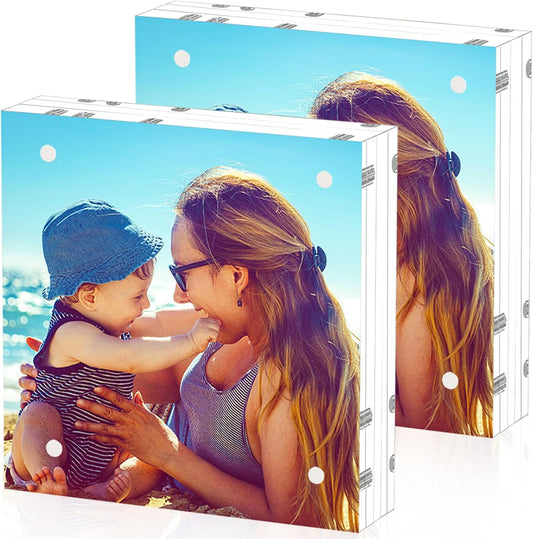 HELPLEX 2 Pack 8x8 Acrylic Picture Frames, 24mm Thicker Square Frameless Clear Frame Double Sided Magnetic Frame, Free Standing Desktop Display Stand