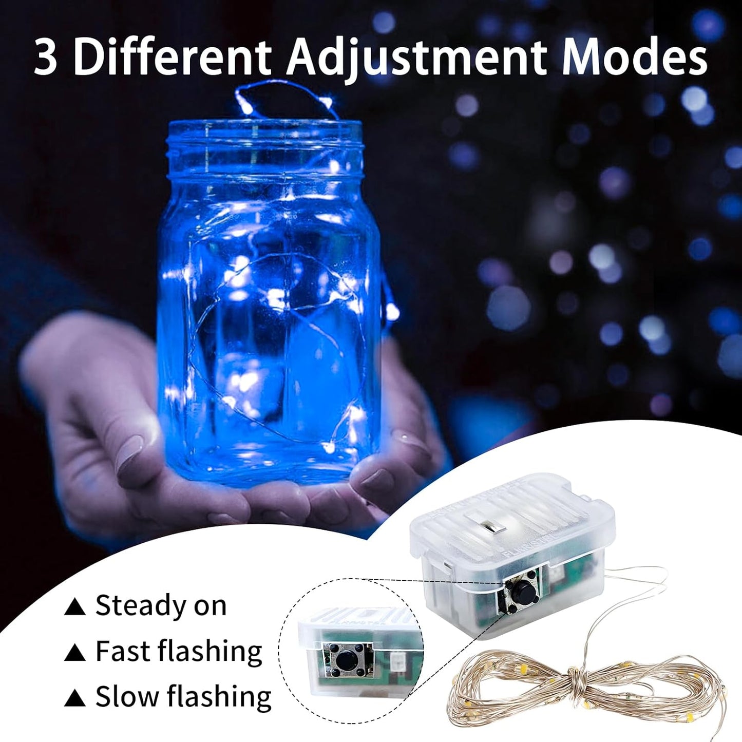 24 Pack Blue Fairy Lights 7Ft 20 LED Twinkle String Lights 3 Modes Battery Operated Waterproof Firefly Starry for Mason Jar Party Wedding Christmas Valentines Day Table Centerpieces