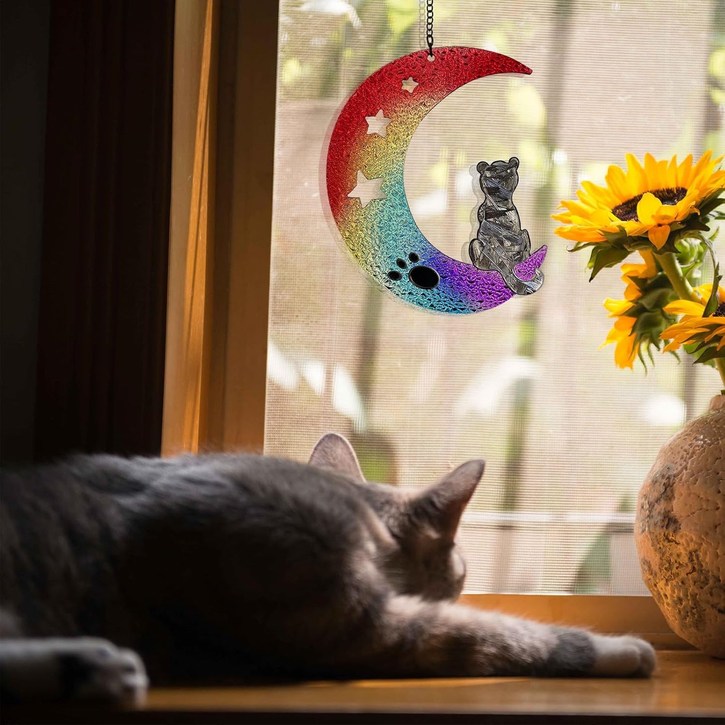 Stained Glass Window Hanging - Colorful Gradient Moon Suncatcher for Door Terrace Garden Home Decor Black Kitten Sun Catcher Birthday Gifts for Lovers Women Men Dad Mom Nana 6.3 in