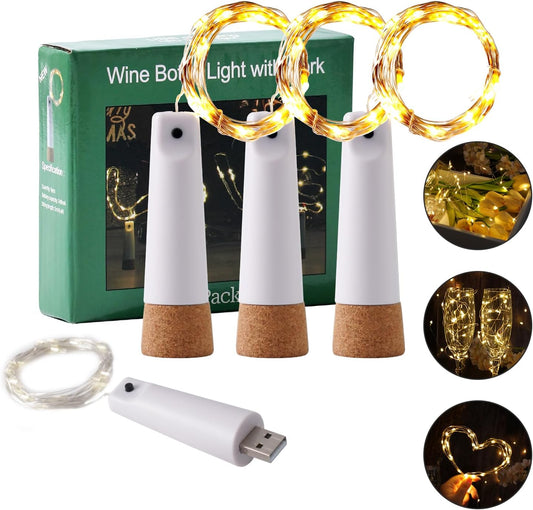 Wine Bottle Lights - 4 Pack Rechargeable Battery Operated 140mAh 20 LED Bottle Stoppers，8 Light Modes Switching,Perfect for Christmas, Weddings, Halloween, and More(Warm)